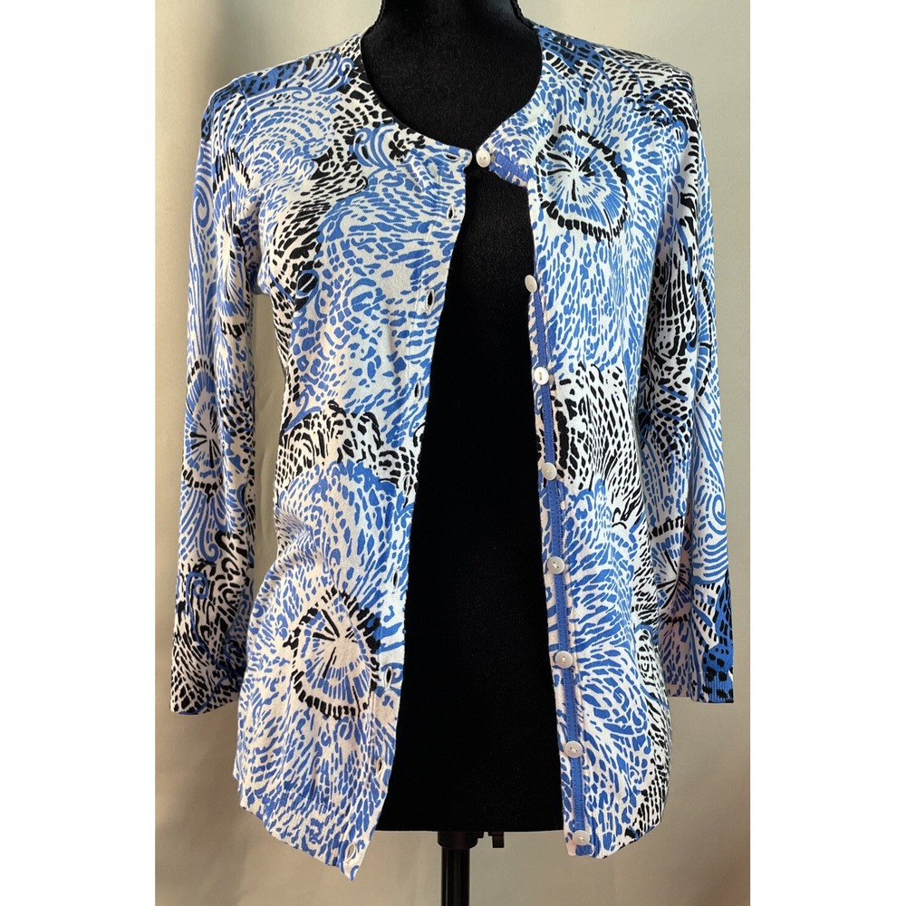 Talbots Womens S Cardigan Blue Black White Abstract Print Cotton‎ Blend Knit
